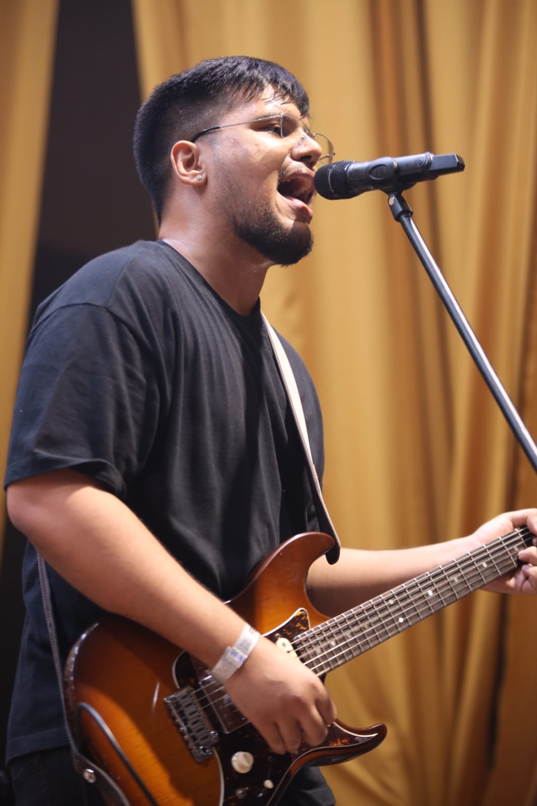 Guitarrista e vocalista durante apresentação ao vivo